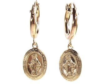 Virgin Mary Earrings • St. Christopher Earrings • Miraculous Medal Hoops •Metal Charm Hoops • Charm Hoop Earrings • 1 Pair