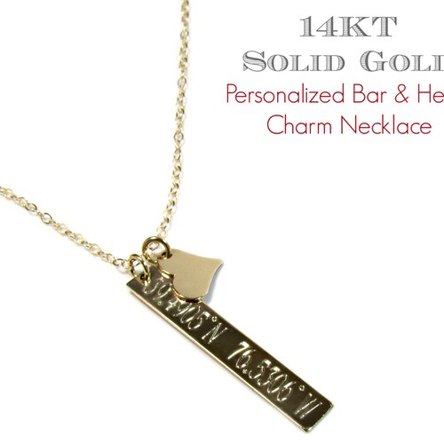 14KT Solid Gold Bar Necklace Engraved Bar Necklace Etsy