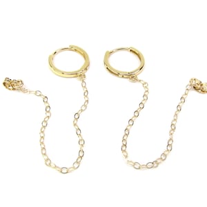 14k Yellow Gold Huggie Hoops with Chain • Mini Chain Hoops • Double Piercing Earring • Front to back Chain Earrings • Single or Pair
