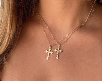 Cross Necklace • 14kt Gold Filled Crucifix Necklace • Etched Cross Necklace • Fancy Cross Paperclip Chain • Choice of Chain