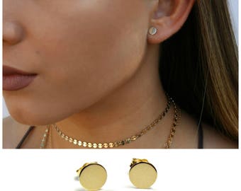 14KT Circle Stud Earrings • 14K Gold Circle Disc Earrings • Geometric Circle Studs • Tiny Round Circle Post Earrings • PAIR of Earrings