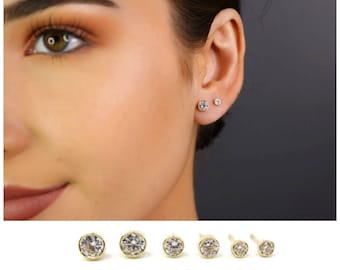 XXE471 5mm Gold Color Plated Stainless Steel Bezel-Set Round Circle Stud Earrings w/ Aquamarine CZ 