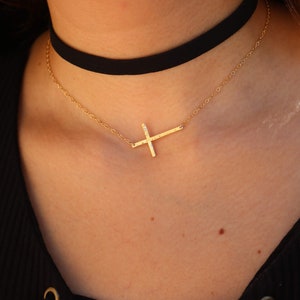 Hammered Sideways Cross Necklace Horizontal Cross Necklace Religious Necklace Sterling Silver or Gold Filled image 2