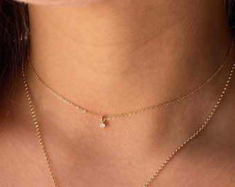 Gold Filled CZ Necklace • Tiny CZ Charm Necklace • Tiny Simulated Diamond Choker • Dainty CZ Drop Necklace • 14kt Gold Filled or Sterling