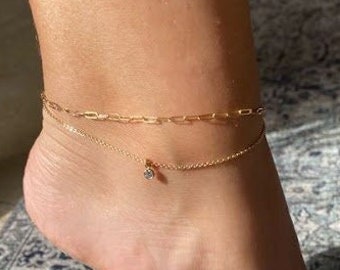 CZ Anklet • Dangling CZ Anklet Bracelet • Dainty Chain Ankle Bracelet • Tiny Simulated Diamond Anklet in Gold Filled or Sterling Silver