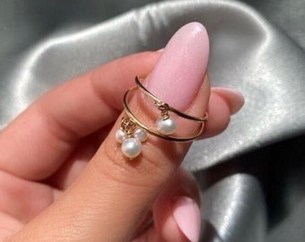 Tiny Dainty Pearl Stack Ring • Gold Filled Shaker Pearl Ring • Pearl Charm Ring • Pearl Trio Stacking Rings • Stack Rings •  Pearl Ring