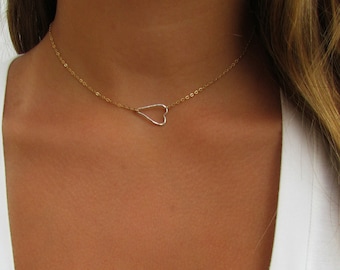 TWO TONE Sideways Heart Necklace, Side Heart Necklace, As seen on Sara Ramirez of Grey's Anatomy