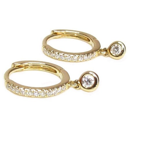 14K Diamond Drop Hoop Earring • Diamond Charm Hoops • Solid Gold Drop Hoop Earrings • Diamond Drop Hoop Earring • Single or Pair
