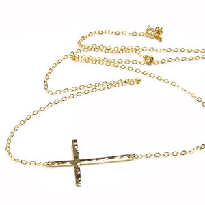 Hammered Sideways Cross Necklace Horizontal Cross Necklace Religious Necklace Sterling Silver or Gold Filled image 3