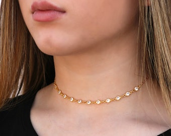 Cubic Zirconia Choker Necklace, CZ Choker Necklace,  Sterling Silver and 14KT Gold Filled, Dainty CZ Choker