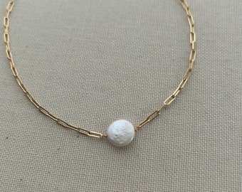 Coin Pearl Necklace • Coin Pearl Paperclip Chain Necklace • Coin Pearl Pendant Necklace • Gold Filled or Sterling Silver Pearl Necklace