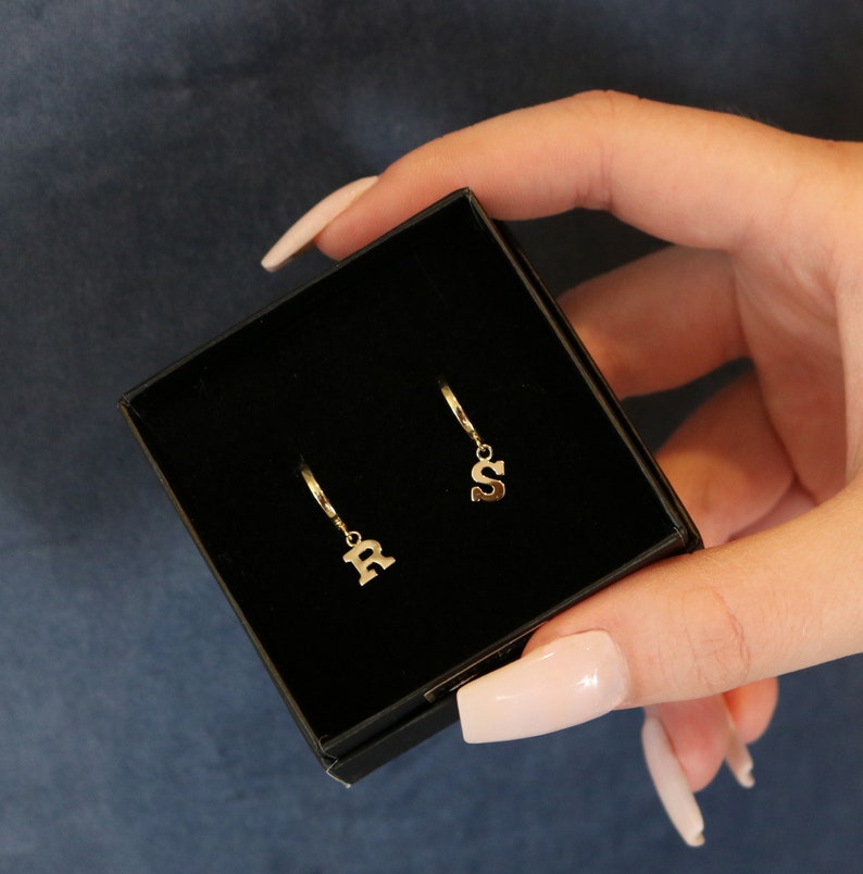 14k SOLID Gold Initial Hoop Earrings Initial Hoops Etsy