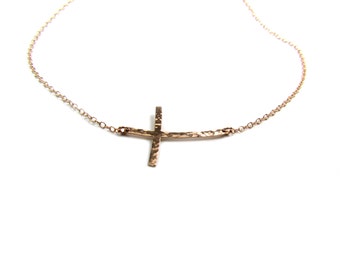 Curved Sideways Cross Necklace • Hammered Curved Sideways Cross Necklace • Gold Filled, Sterling or Rose Gold Filled