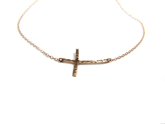 Curved Sideways Cross Necklace Hammered 