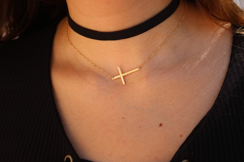 Hammered Sideways Cross Necklace Horizontal Cross Necklace Religious Necklace Sterling Silver or Gold Filled image 2