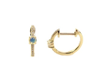 Opal 14K Solid Gold Huggie Hoop Earrings • 14k Opal & Diamond Hoop Earrings • Solid Gold Opal Hoops • Sold as a PAIR