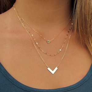 Tiny Hammered Disc Necklace • Lace Refelctive Chain • Cheveron Necklace • Set of 3 Necklaces • 14kt Gold Filled or Sterling