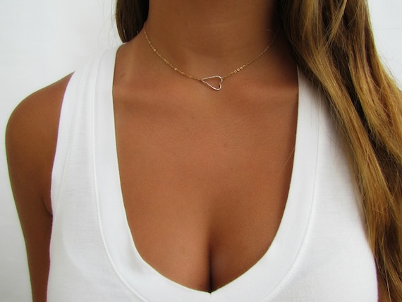 Sideways dainty heart necklace in solid yellow gold, rose gold or white  gold.