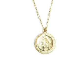 Miraculous Mary Coin Necklace, 14kt Gold Filled, Gold Mary Medallion Pendant Necklace, Religious Metal Charm Necklace