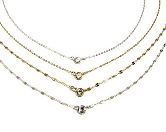 Large CZ Bezel Solitaire Necklace, 14kt Gold Filled, 14kt Rose Gold Filled or Sterling Silver