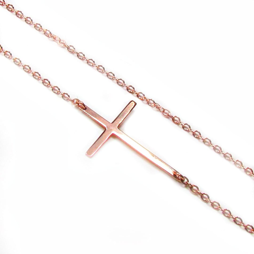 14K Solid Rose Gold Sideways Cross Necklace