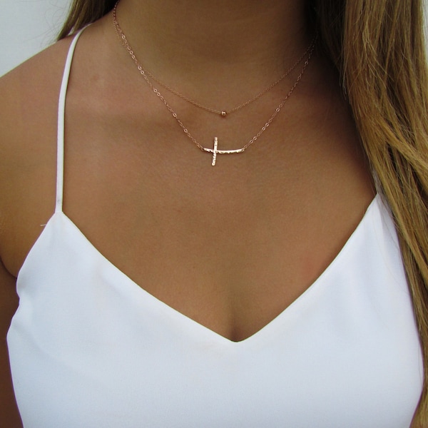 Curved Sideways Cross and Tiny Hammered Ball Necklace Set of 2 Minimal Necklaces, 14k Gold Filled, Sterling Silver, 14k Rose Gold Filled