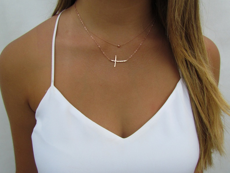 Curved Sideways Cross and Tiny Hammered Ball Necklace Set of 2 Minimal Necklaces, 14k Gold Filled, Sterling Silver, 14k Rose Gold Filled 