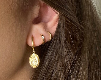14K Virgin Mary Earrings • Virgin Mary hoop earrings • Religious Huggie Hoop • Mother Mary earrings • SOLD SINGLE or PAIR