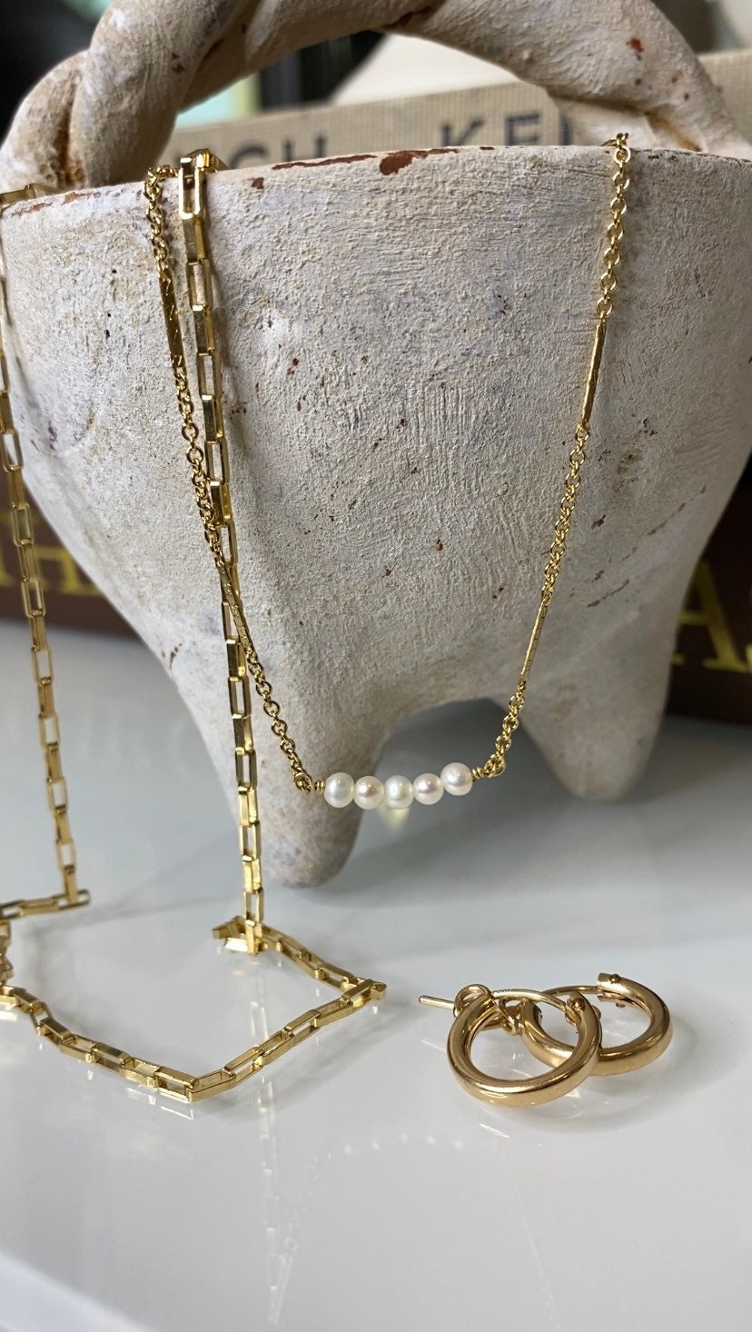 Gold Elongated Box Chain Necklace • Rectangle Open Box Chain