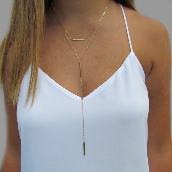 Gold Filled Bar Lariat Necklace, Double Bar Necklace, Long Bar Y Necklace- Sold Separately OR as a Set of 2 Necklaces