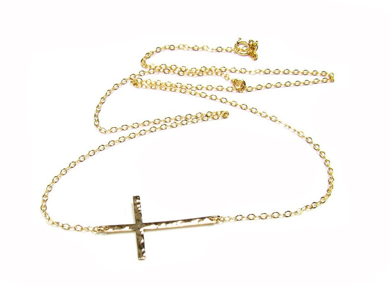 Hammered Sideways Cross Necklace Horizontal Cross Necklace Religious Necklace Sterling Silver or Gold Filled image 3