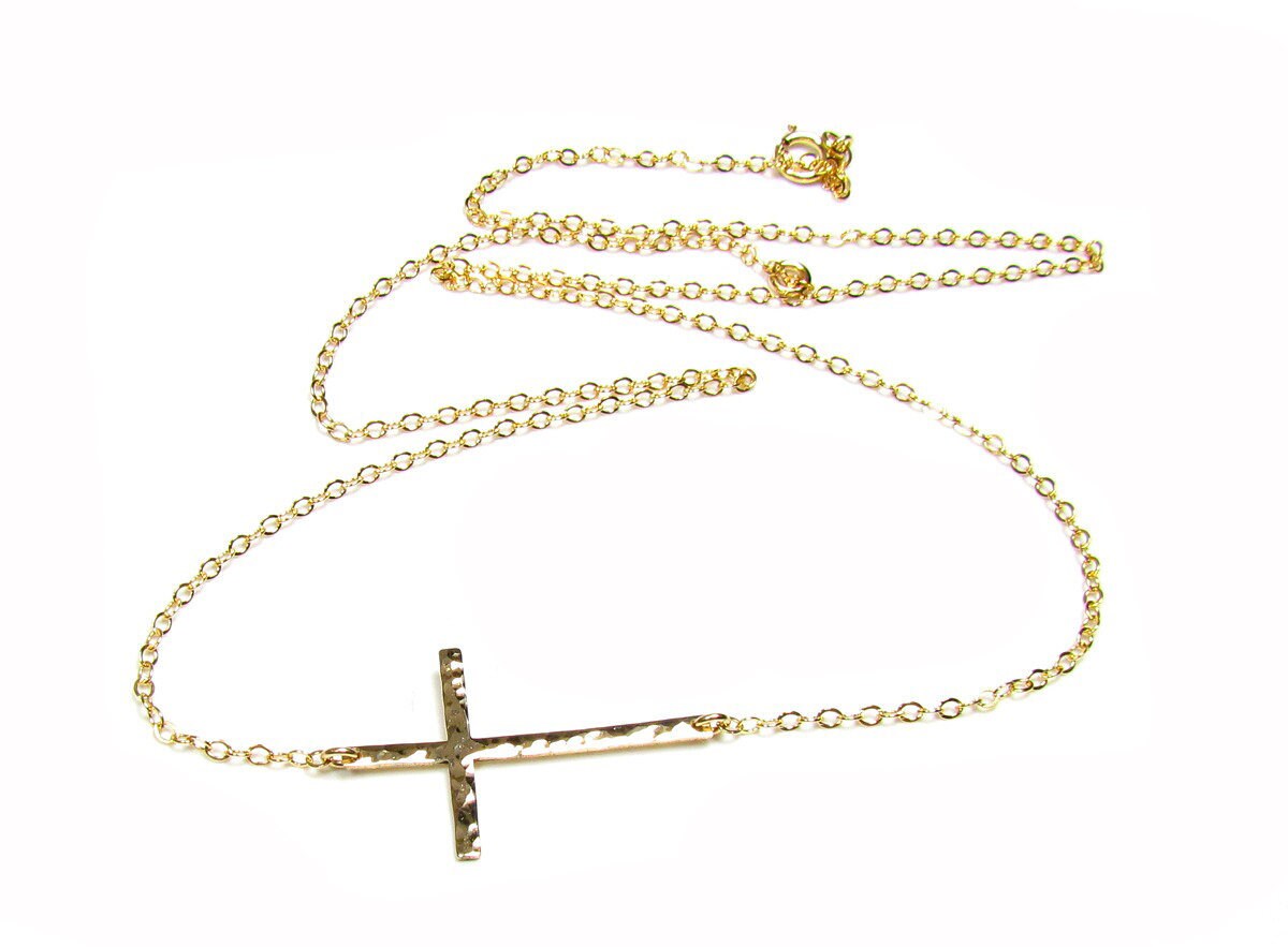 Hammered Sideways Cross Necklace 