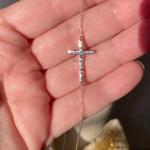 Hammered Sideways Cross Necklace Horizontal Cross Necklace Religious Necklace Sterling Silver or Gold Filled image 1