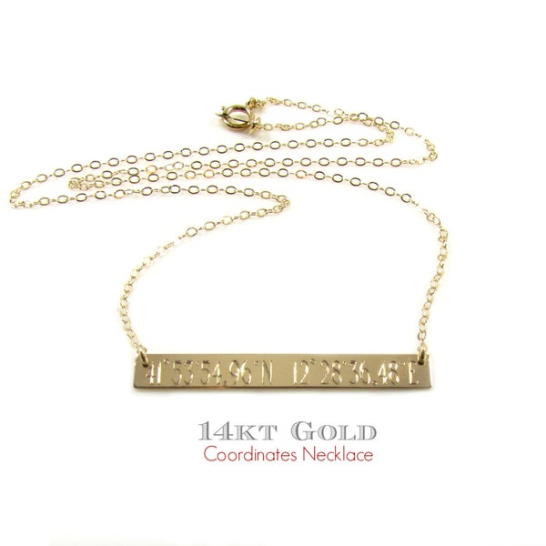 14K GPS COORDINATES Necklace • Solid Gold GPS Location Bar Necklace • Latitude Longitude Gold Bar Necklace • Wedding Necklace Gift