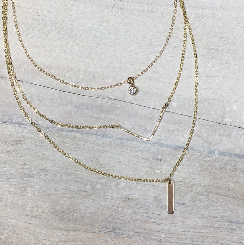 Delicate Necklace SET CZ Solitaire Necklace Hammered Chevron Etsy