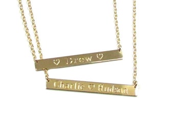 Engraved Bar Necklace, Personalized Nameplate Necklace, Custom Gold Bar Necklace, 14kt gold filled or Sterling Silver, Mother's Gift