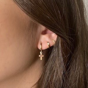 14K Solid Gold Cross Huggie Hoop Earrings • Gold Dangle Cross Hoops • Dainty Minimalist Cross Earrings • Sold SINGLE or PAIR