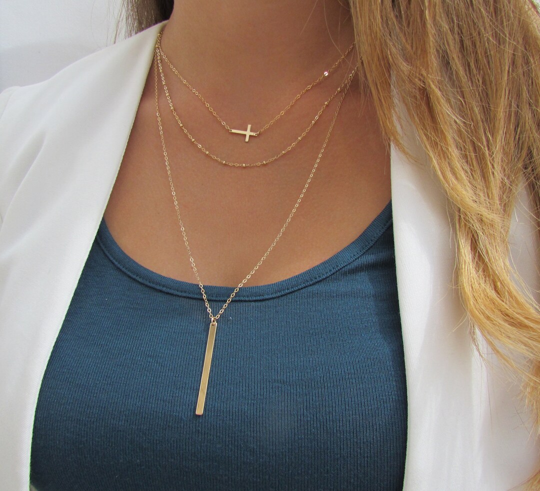 Sideways Cross Necklace Set, Long Layered Vertical Bar Necklace, Set of 3  Minimal Layering Necklaces, 14k Gold Filled or Sterling Silver - Etsy