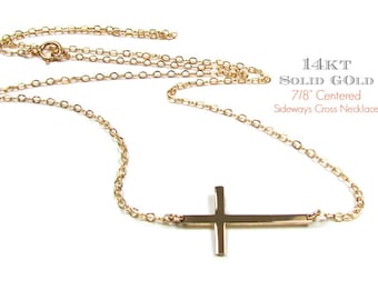 14KT Sideways Cross Necklace • SOLID Gold Small Cross Necklace • Gold Sideways Cross Necklace •  14K Yellow, White or Rose Gold