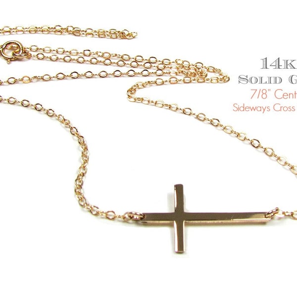 14KT Sideways Cross Necklace • SOLID Gold Small Cross Necklace • Gold Sideways Cross Necklace •  14K Yellow, White or Rose Gold