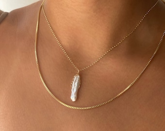 Biwa Stick Pearl Necklace • Biwa Freshwater Pearl Charm Necklace • Wire-wrapped Stick Pearl Necklace. 14kt Gold Filled or Sterling Silver