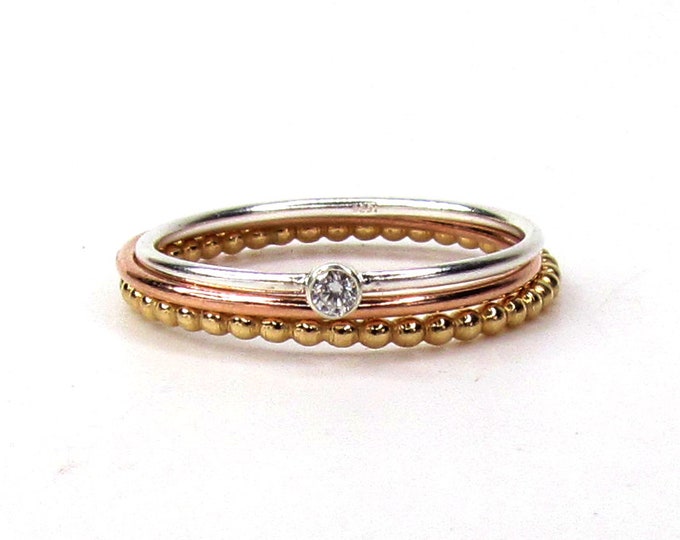 Mixed Metal Stack Rings- Set of 3 Stackable Rings, 14kt Gold Filled, Rose Gold Filled or Sterling Silver