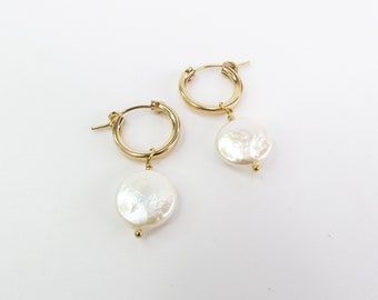 Coin Pearl Hoop Earrings | 14k Gold Filled or Sterling Silver