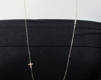 32" Long Sideways Cross Necklace • Long Cross Necklace • Side Cross Necklace • Religious Gift • Gold Filled or Sterling Silver