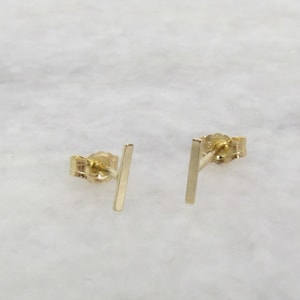 14K Solid Gold Tiny Bar Staple Studs • Tiny Gold Line Post Earrings • 14K Flat bar Stud Earrings • Sold Single or Pair