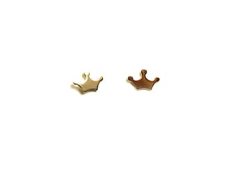 14K Solid Gold Tiny Crown Stud Earrings • Princess Crown Stud Earrings • Matte Satin or Polished Finish • Sold as a PAIR