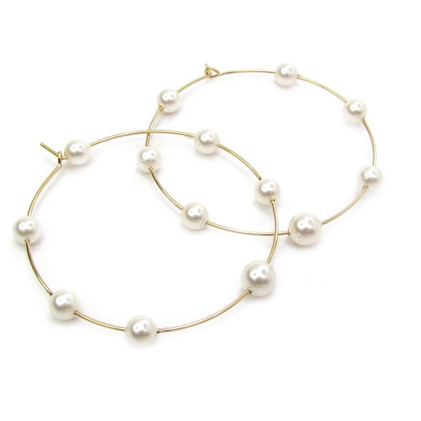 Pearl Hoop Earrings • Pearl Hoops • White Pearl Hoops • Gold Wire Pearl Earrings • Swarovski Pearl Hoops • 14kt Gold Filled Sterling Silver