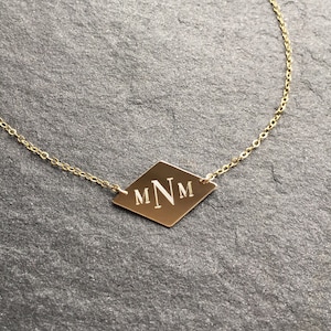 Engraved Monogram Necklace, Geometric Diamond Shape Inital Necklace, 14kt Gold Filled, Sterling Silver