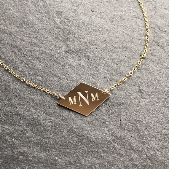 Engraved Monogram Necklace, Geometric Diamond Shape Inital Necklace, 14kt  Gold Filled, Sterling Silver