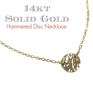 14K SOLID Gold Hammered Disc Necklace • Hammered Circle • Textured Disc Station Necklace • Hammered Disc Pendant • Solid 14K Yellow Gold